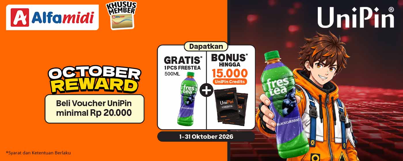 OCTOBER REWARD! BELI VOUCHER UNIPIN DI ALFAMIDI, DAPAT FRESTEA GRATIS + BONUS 15.000 UNIPIN CREDITS!